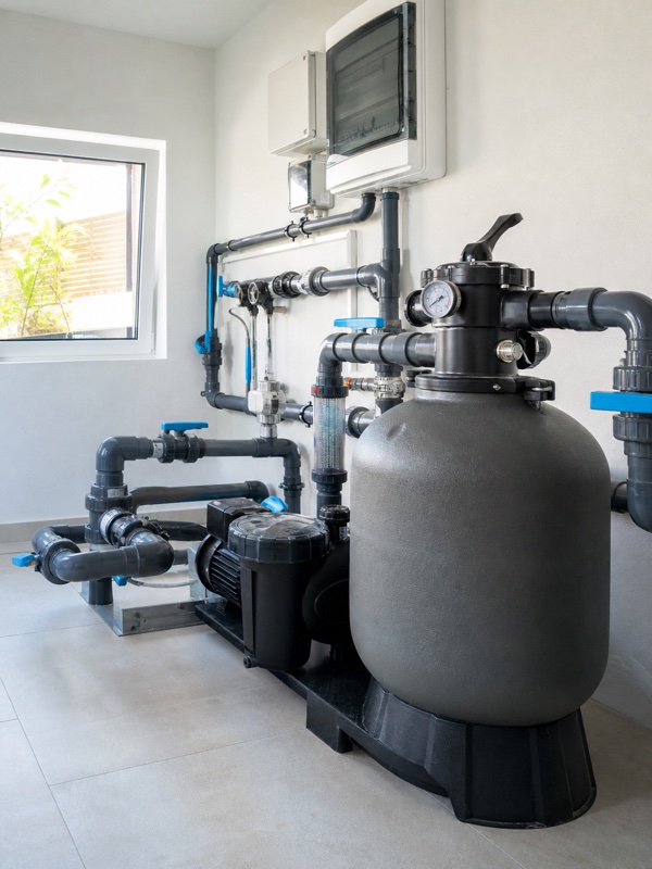 Sistema profesional de filtración, bombas y válvulas de piscina